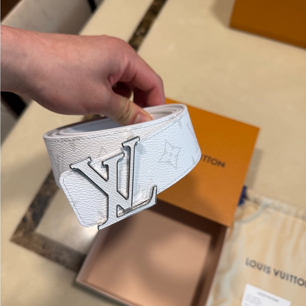 Louis Vuitton White Textured Belt with Silver Logo